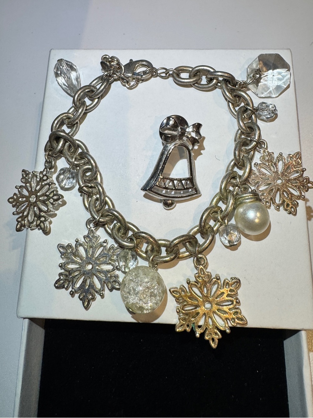 AVON Snowflake Charm Bracelet with Pearl and AVON brooch Pin and Crystal Accents